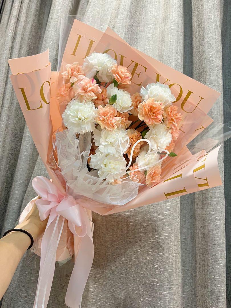 orange lily carnation bouquet white HBQ White Carnations & Peach Spray Carnations